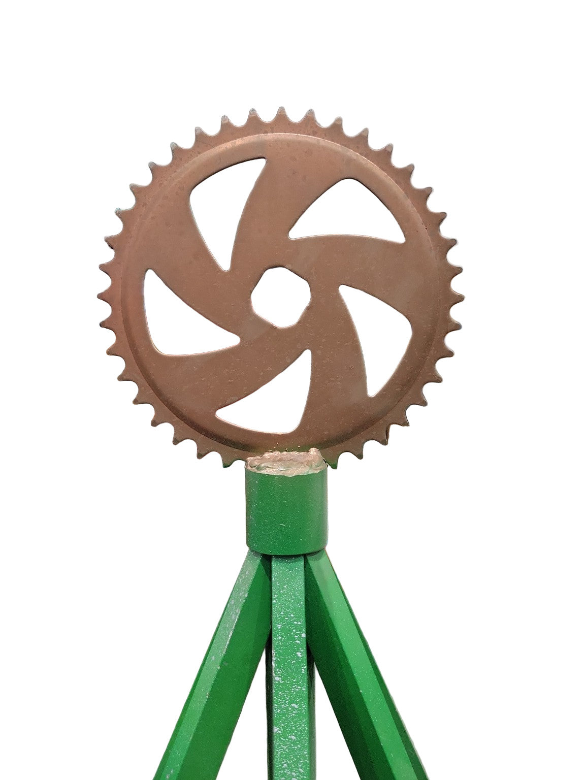 Industrial Metal Tree Sculpture with Gear Top – Red & Green Painted Finish