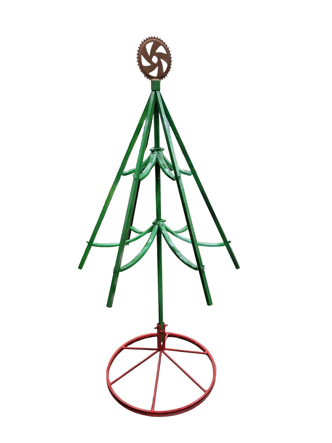 Industrial Metal Tree Sculpture with Gear Top – Red & Green Painted Finish