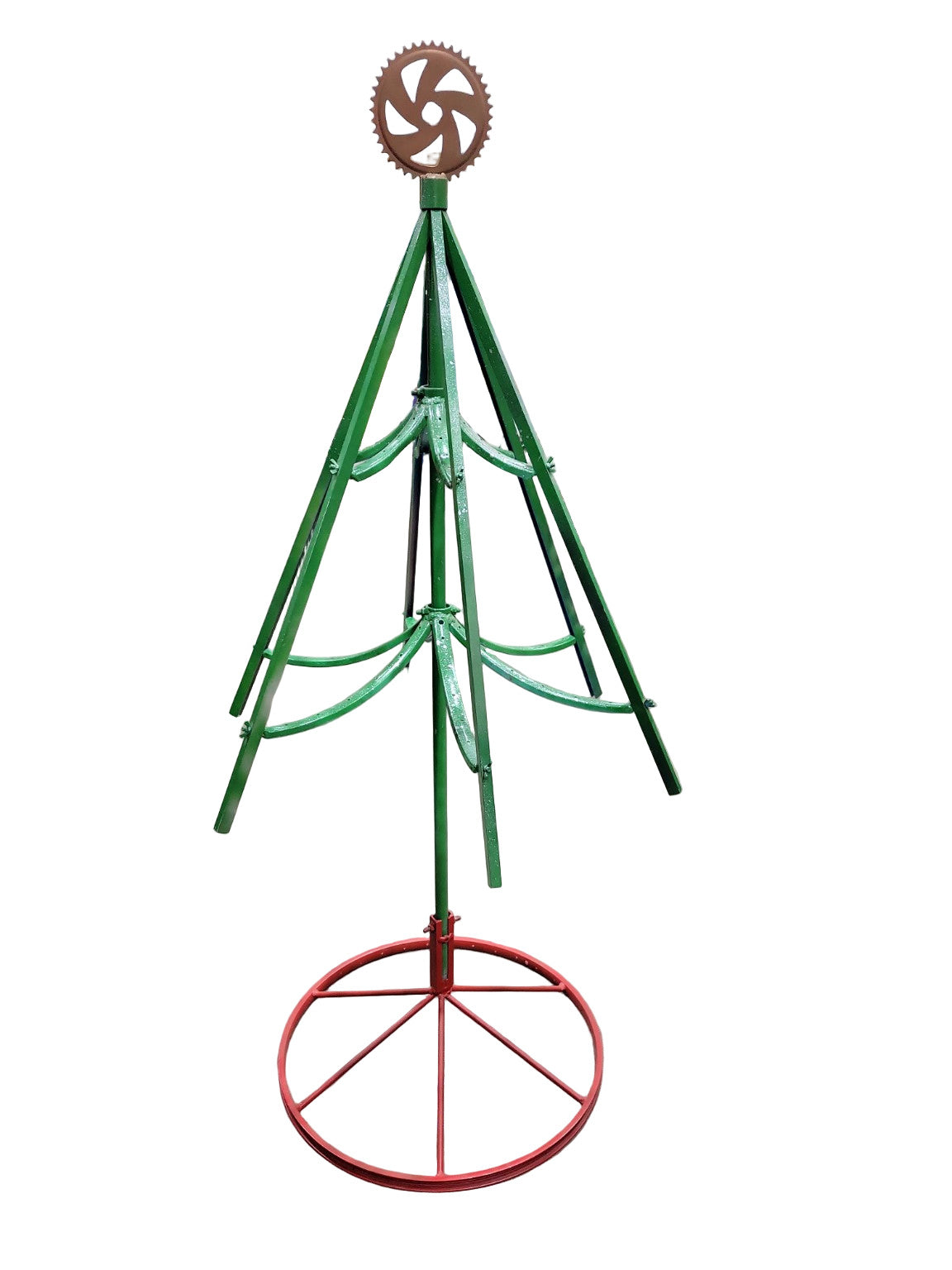 Industrial Metal Tree Sculpture with Gear Top – Red & Green Painted Finish