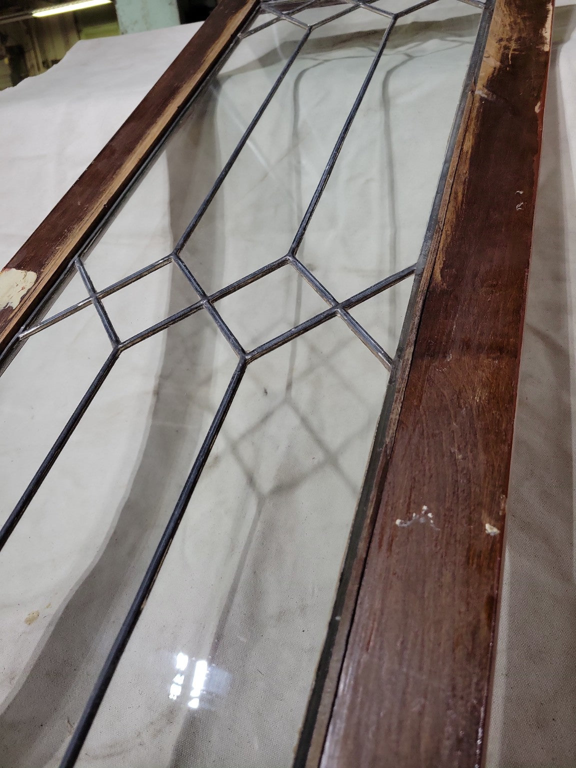 Vintage Leaded Glass Window Panel in Wood Frame – 13 ¾" x 42"