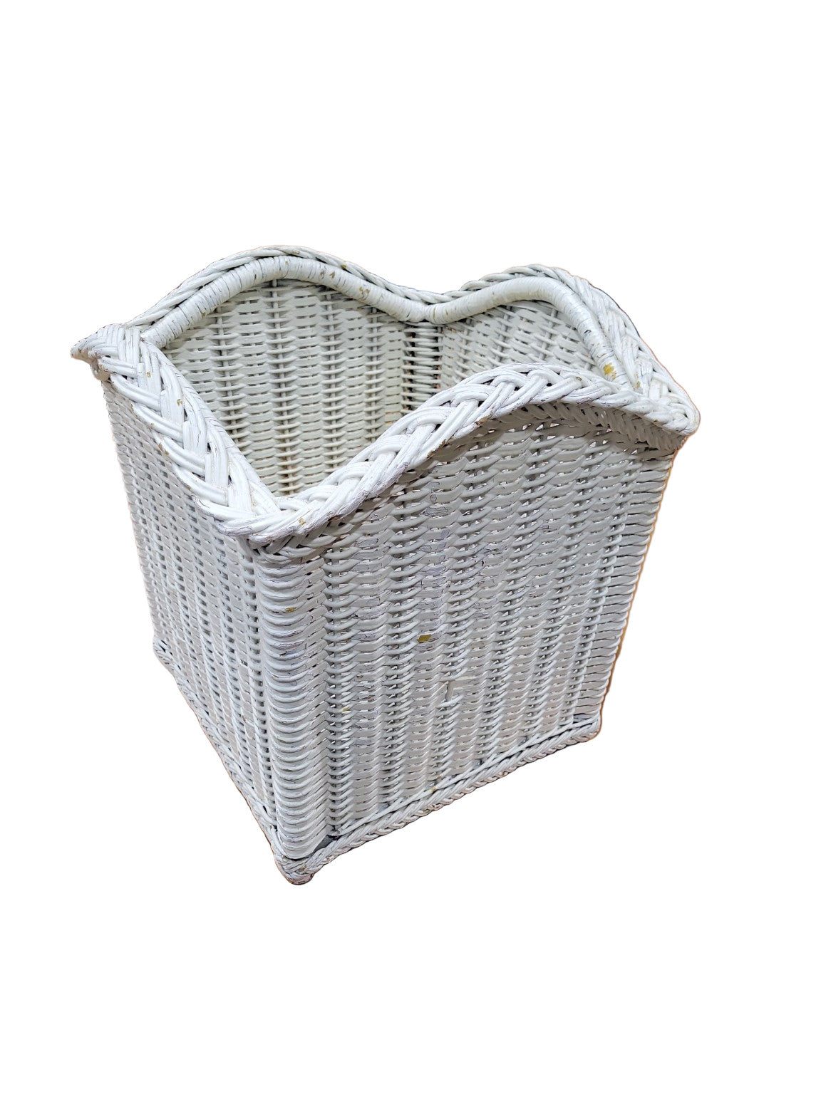 White Wicker Waste Basket or Storage Bin – Wavy Rim Design
