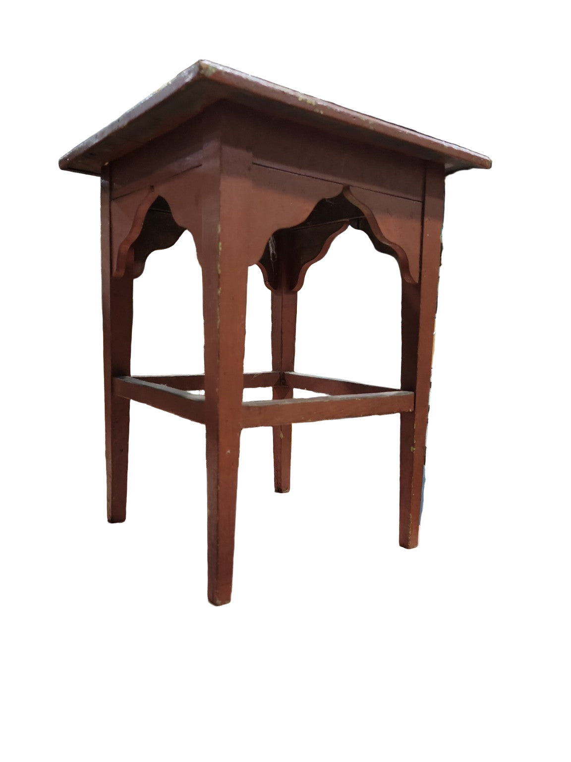 Primitive Red Painted Side Table with Scalloped Apron and Slot Handle