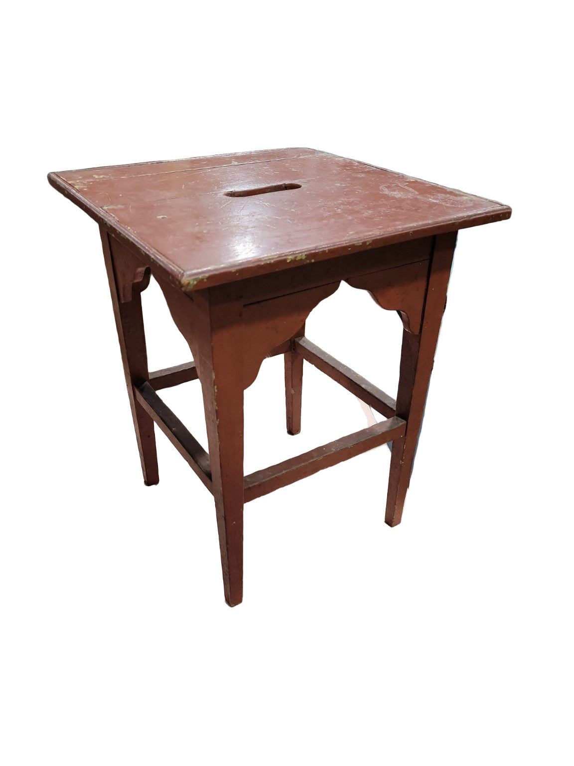 Primitive Red Painted Side Table with Scalloped Apron and Slot Handle