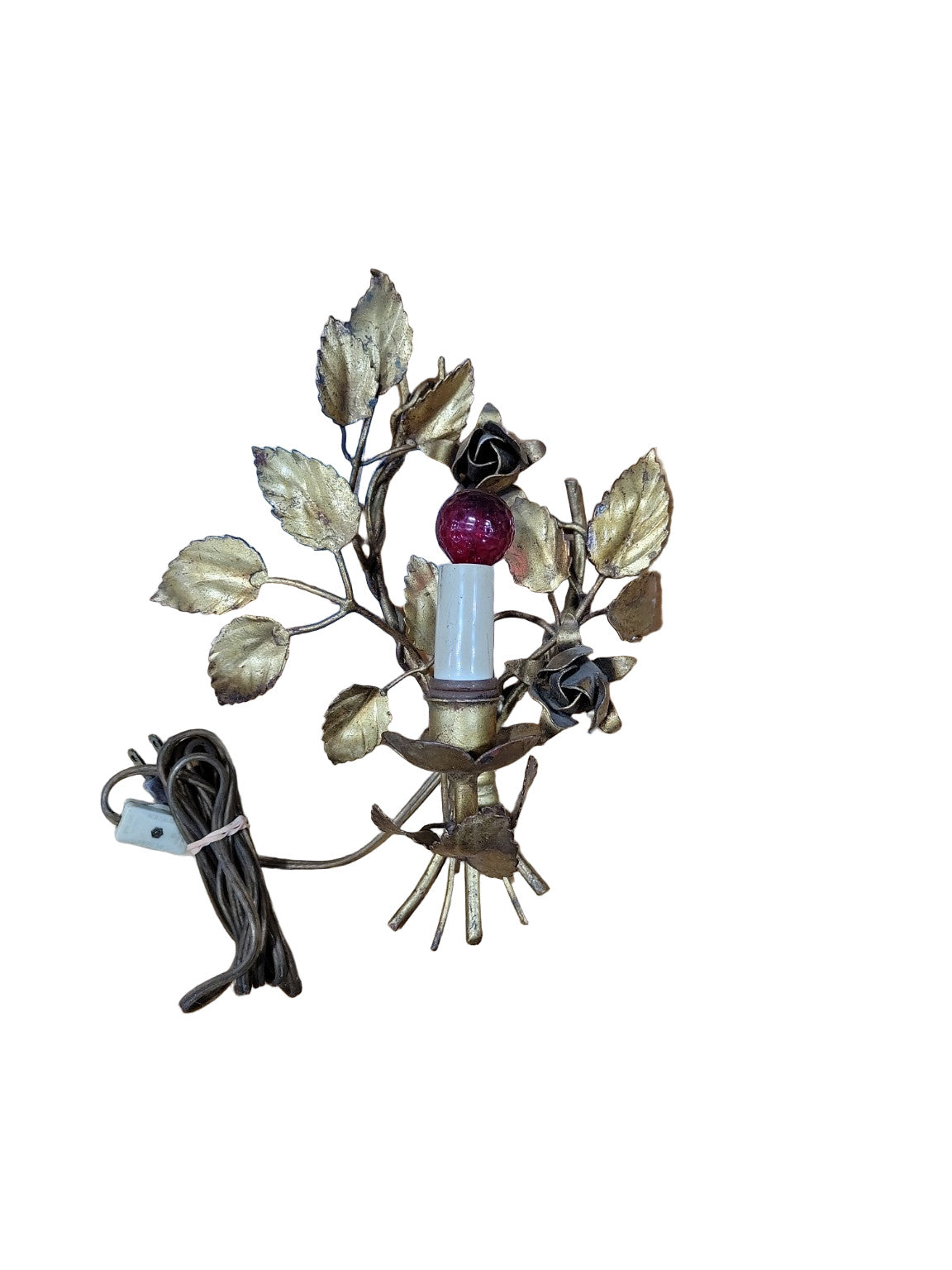 Vintage Toleware Floral Wall Sconce with Gilt Leaves – Plug-in Light Fixture