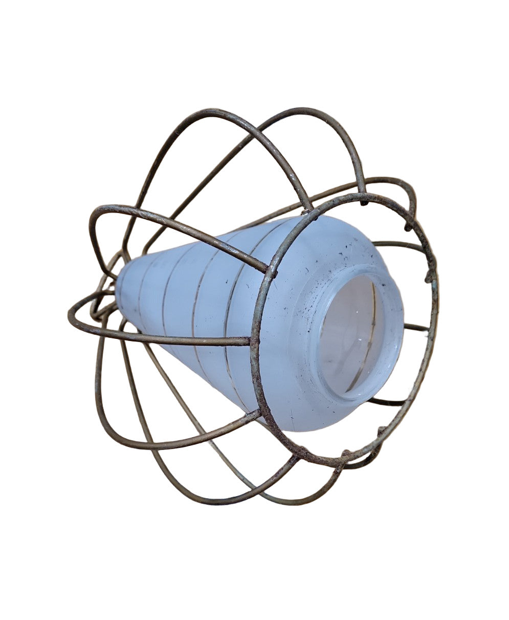 Industrial Glass Shade with Brass Wire Cage – Vintage 9 ½" x 12 ½"