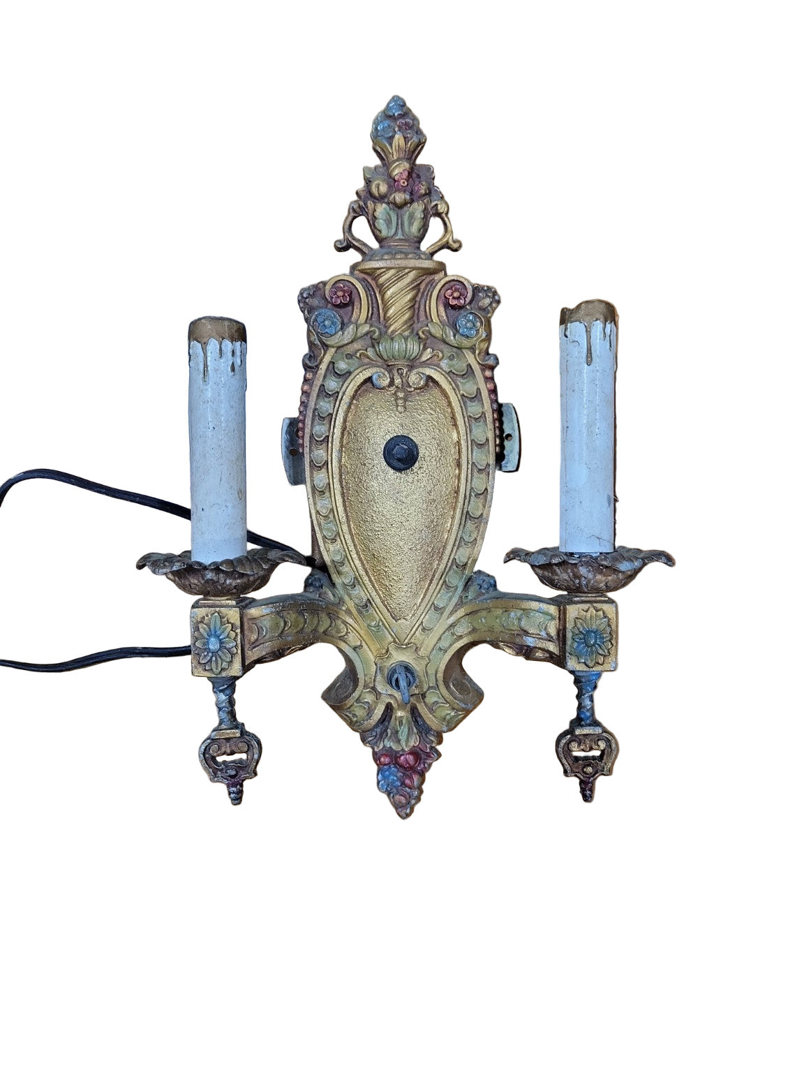 Antique Two-Arm Cast Iron Wall Sconce – Polychrome Finish, No. 106