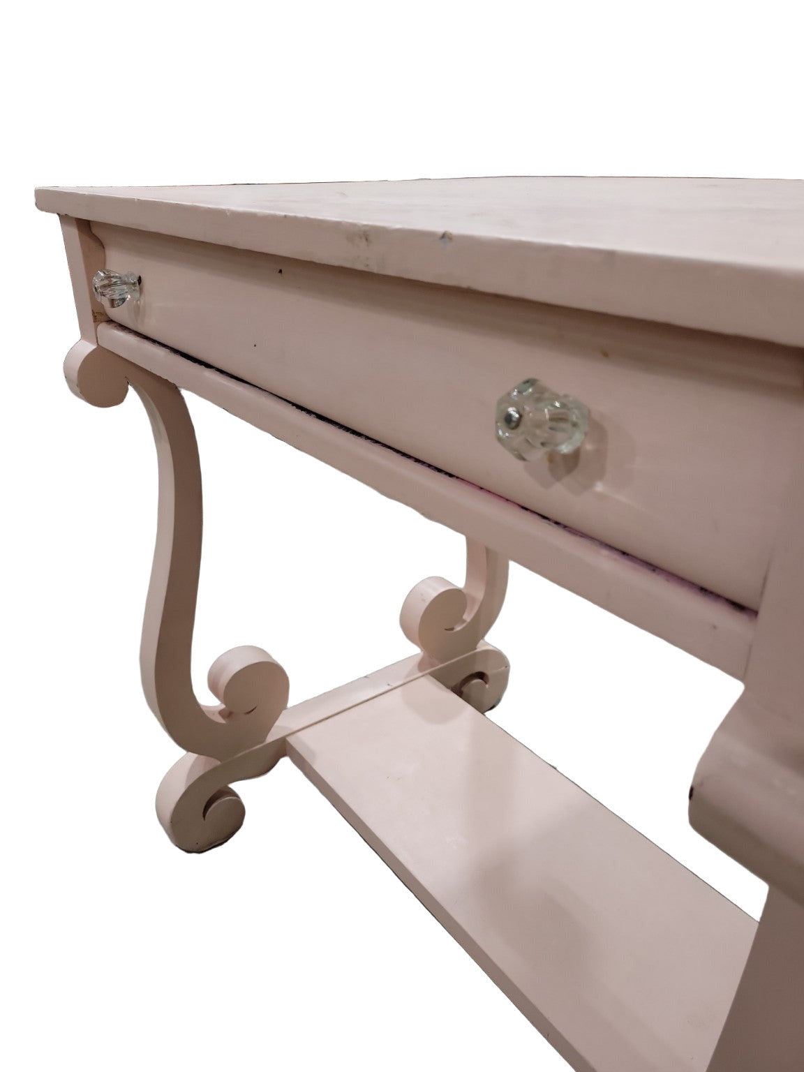 Upcycled Scroll-Leg Console Table – Blush Pink with Glass Knobs