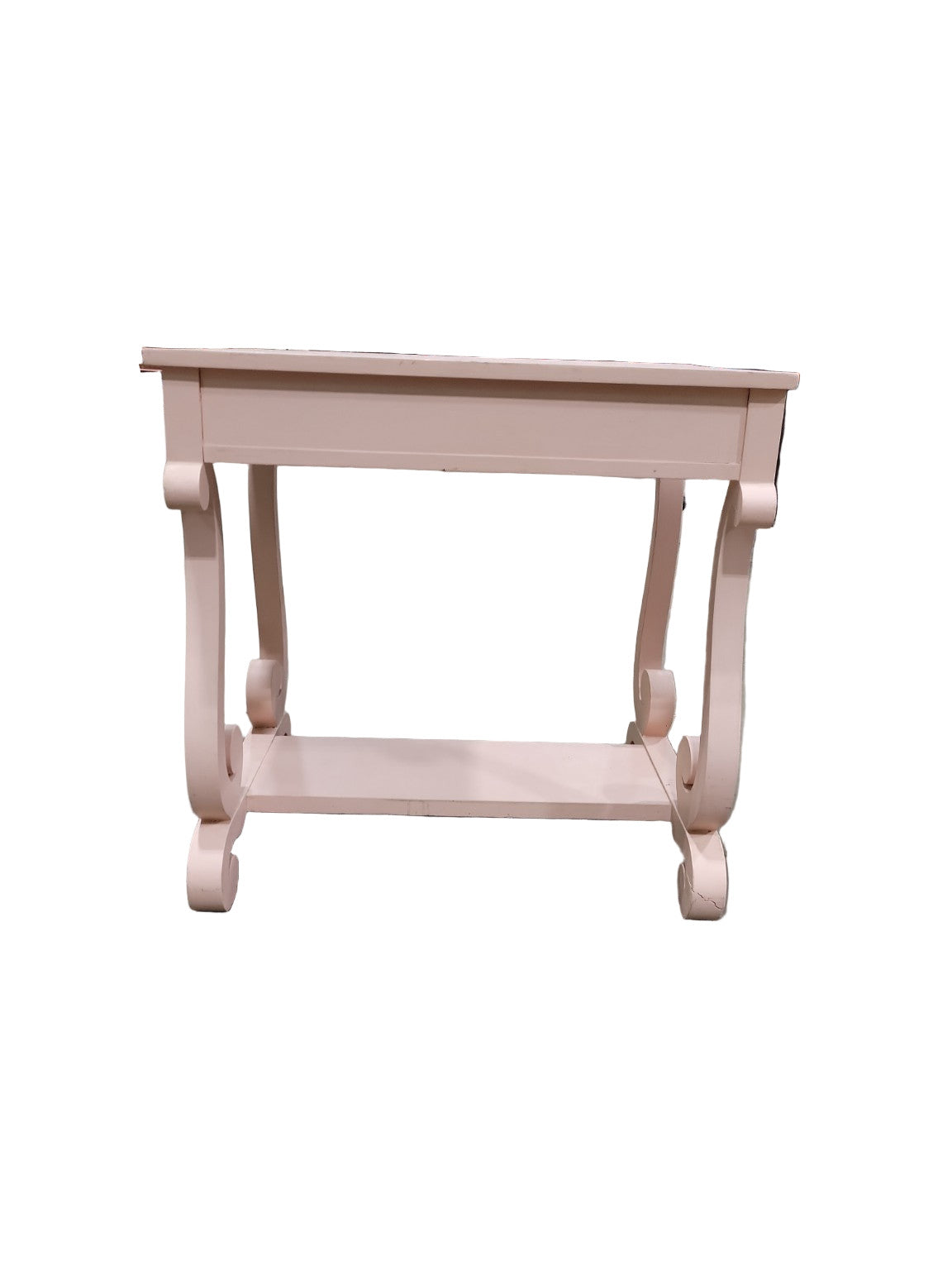 Upcycled Scroll-Leg Console Table – Blush Pink with Glass Knobs