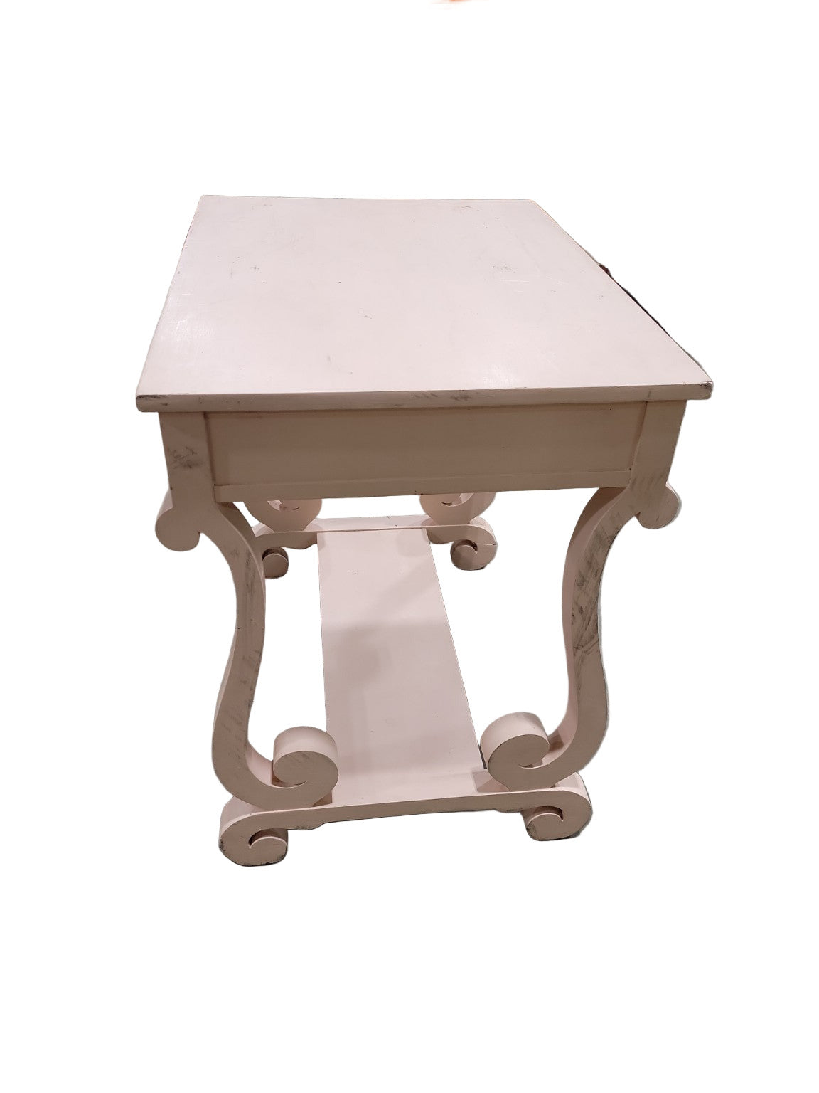 Upcycled Scroll-Leg Console Table – Blush Pink with Glass Knobs