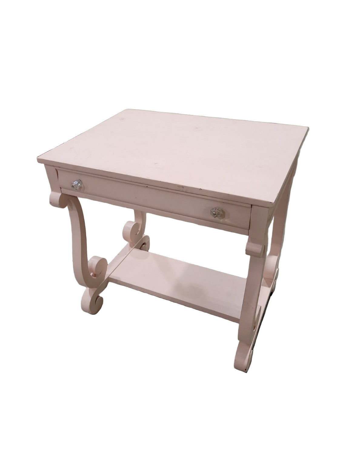 Upcycled Scroll-Leg Console Table – Blush Pink with Glass Knobs