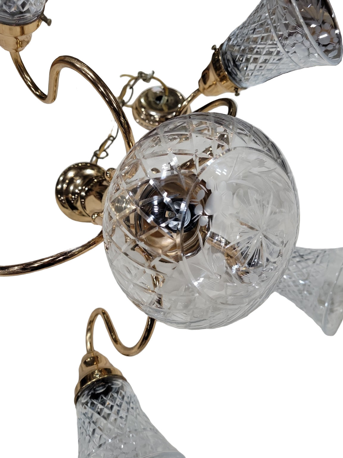 Vintage Brass & Cut Glass 5-Light Chandelier – Etched Crystal Shades