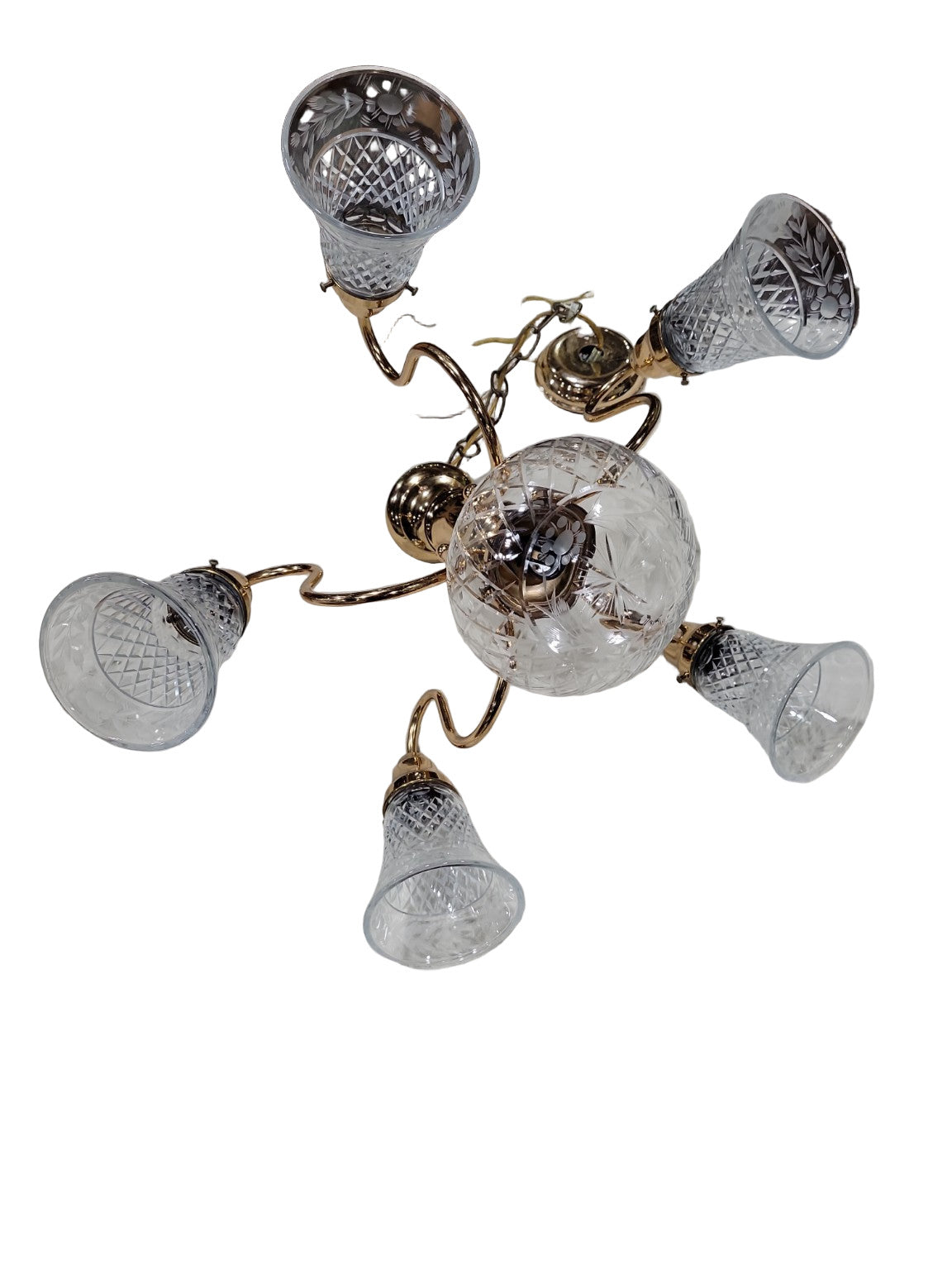 Vintage Brass & Cut Glass 5-Light Chandelier – Etched Crystal Shades