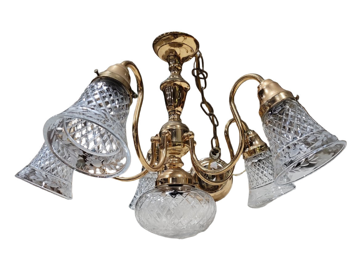 Vintage Brass & Cut Glass 5-Light Chandelier – Etched Crystal Shades