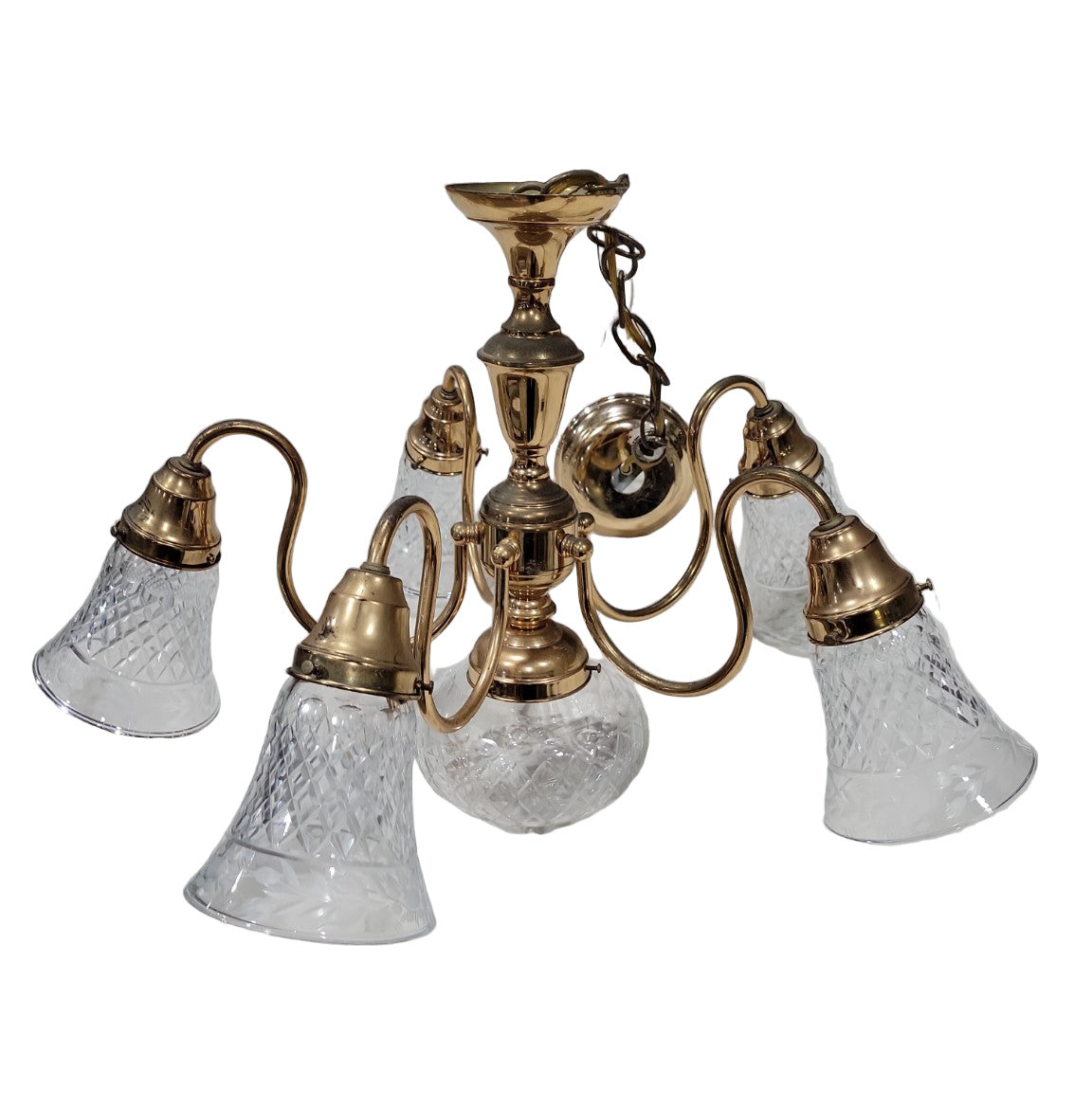 Vintage Brass & Cut Glass 5-Light Chandelier – Etched Crystal Shades