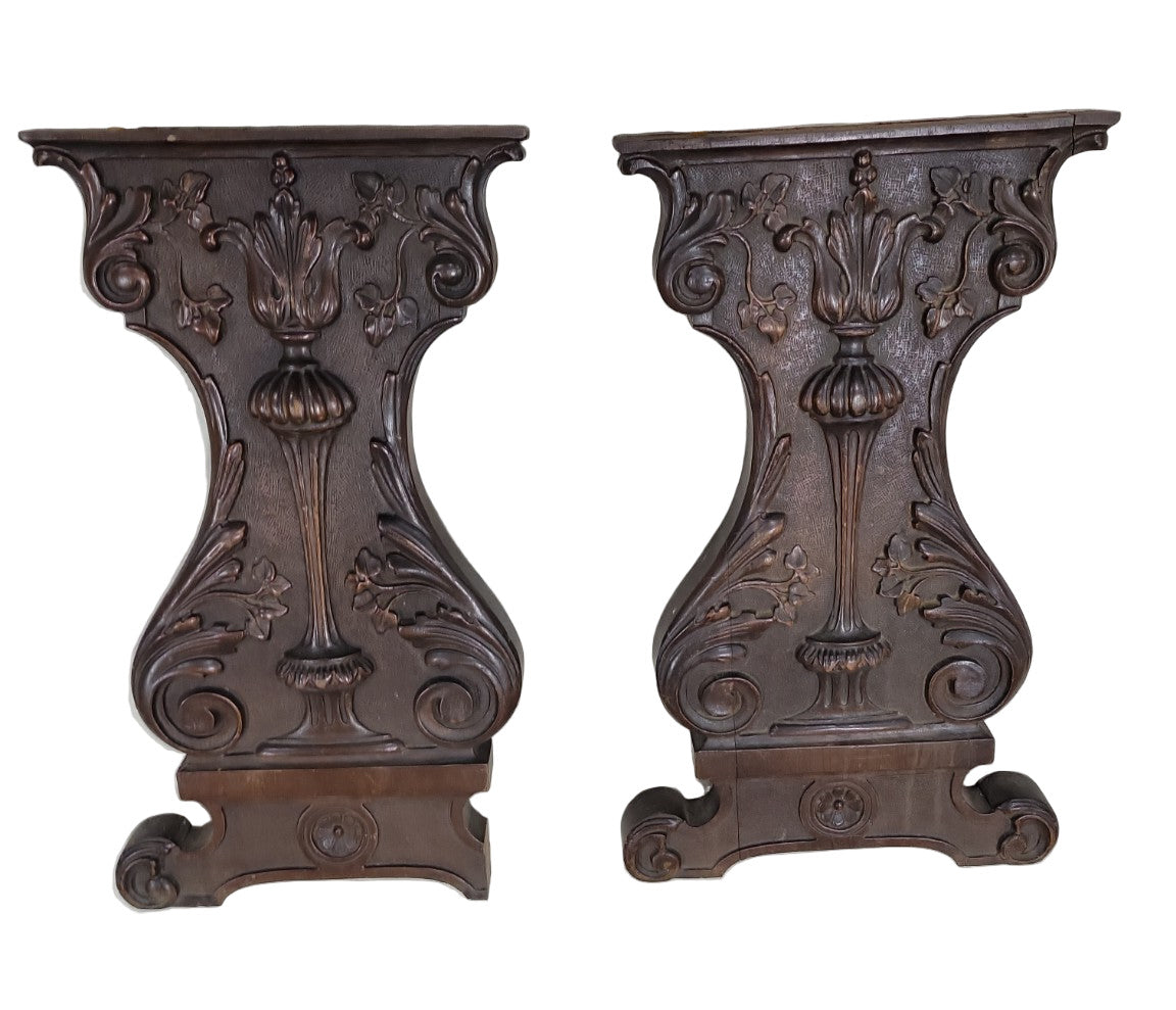 Pair of Antique Carved Wood Table Legs – Ornate Acanthus & Floral Motif