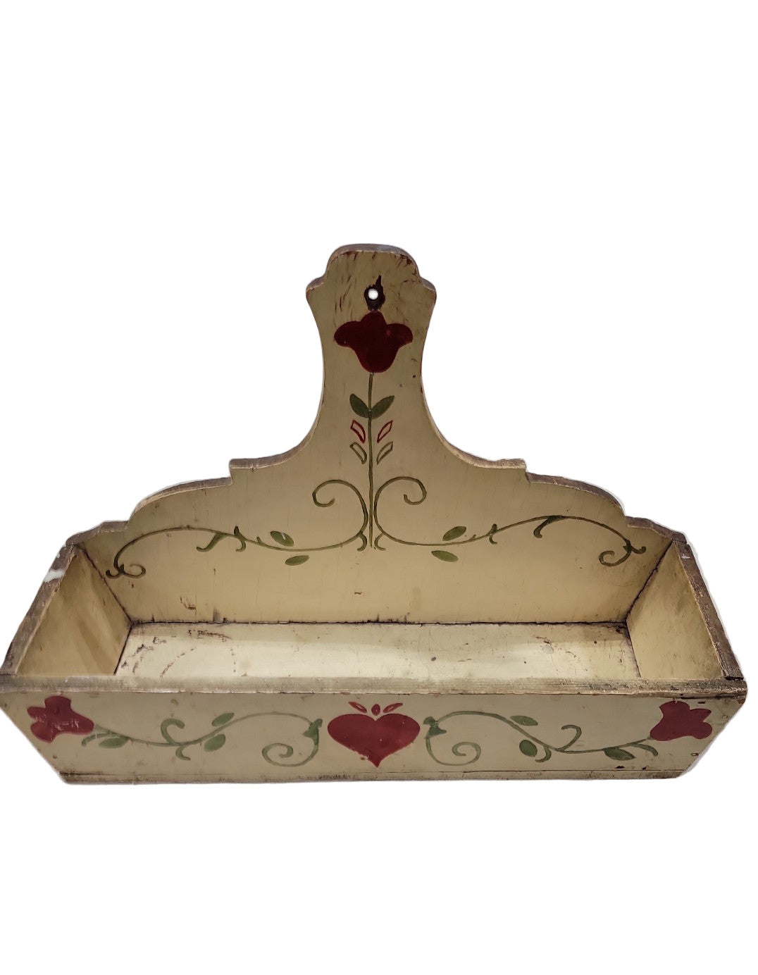 Vintage Folk Art Wall Box – Hand-Painted Hearts & Tulips Motif