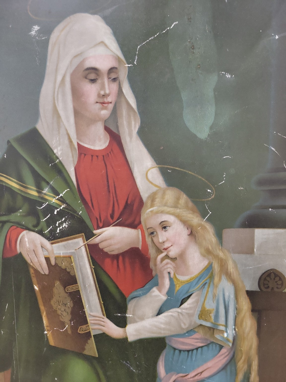 Antique Religious Lithograph on Tin – Saint Anne Teaching the Virgin Mary