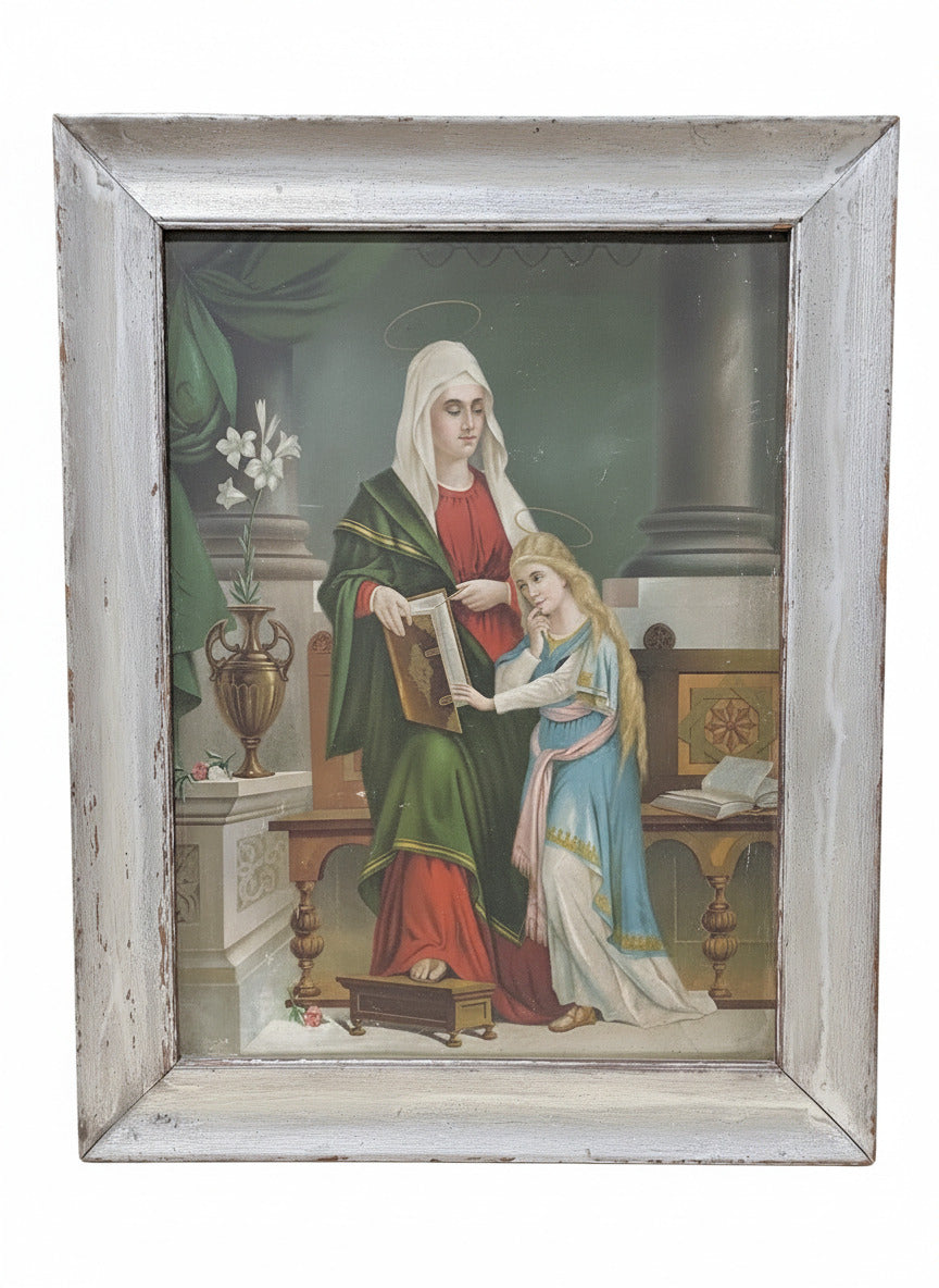 Antique Religious Lithograph on Tin – Saint Anne Teaching the Virgin Mary