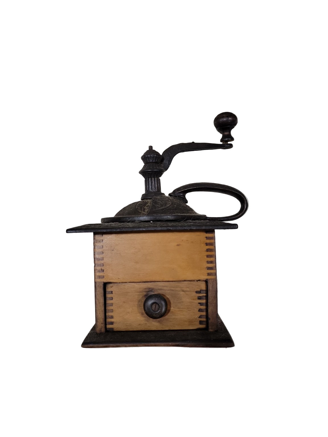 Antique Cast Iron & Wood Manual Coffee Grinder – Ornate Lid