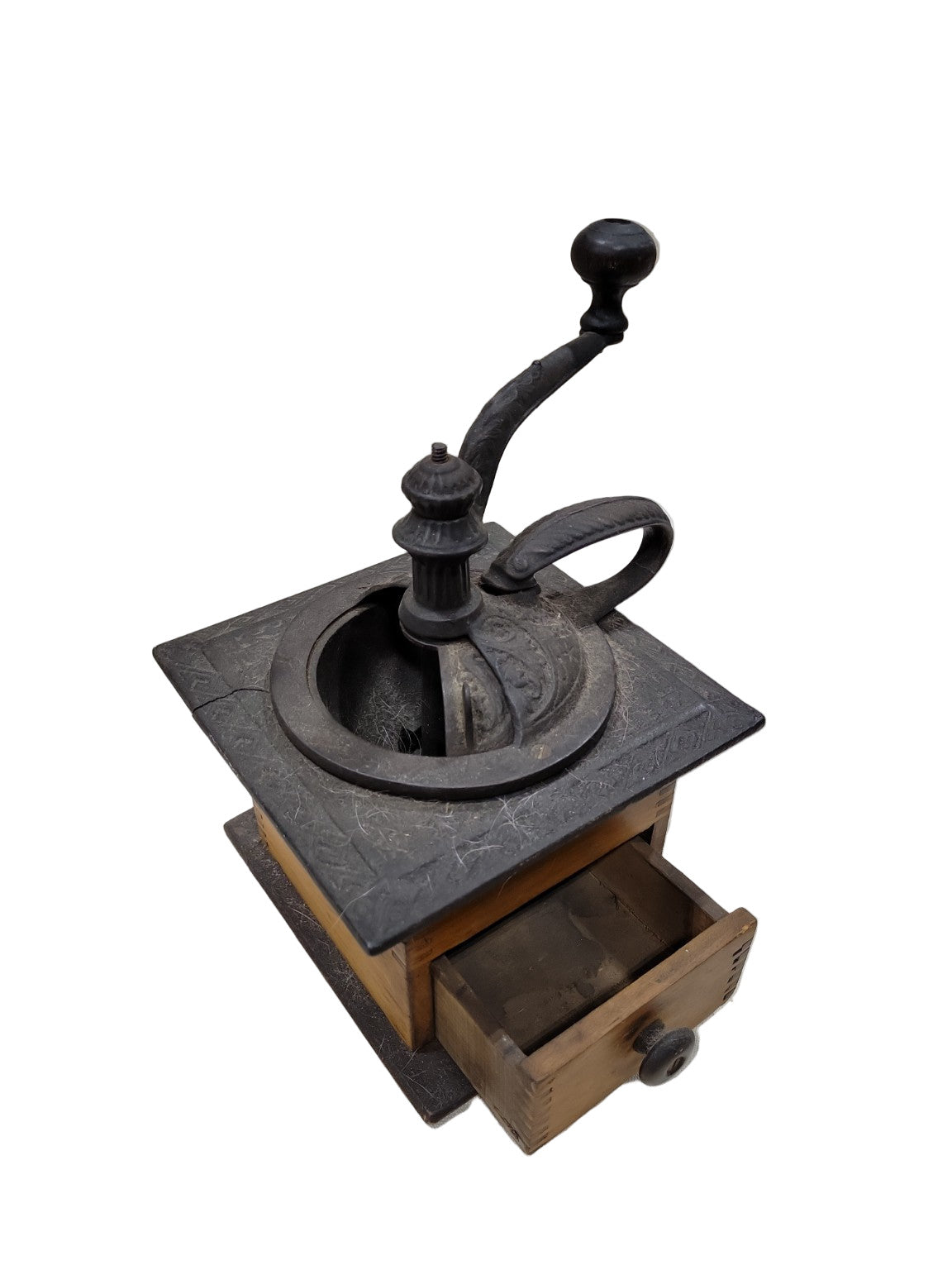 Antique Cast Iron & Wood Manual Coffee Grinder – Ornate Lid