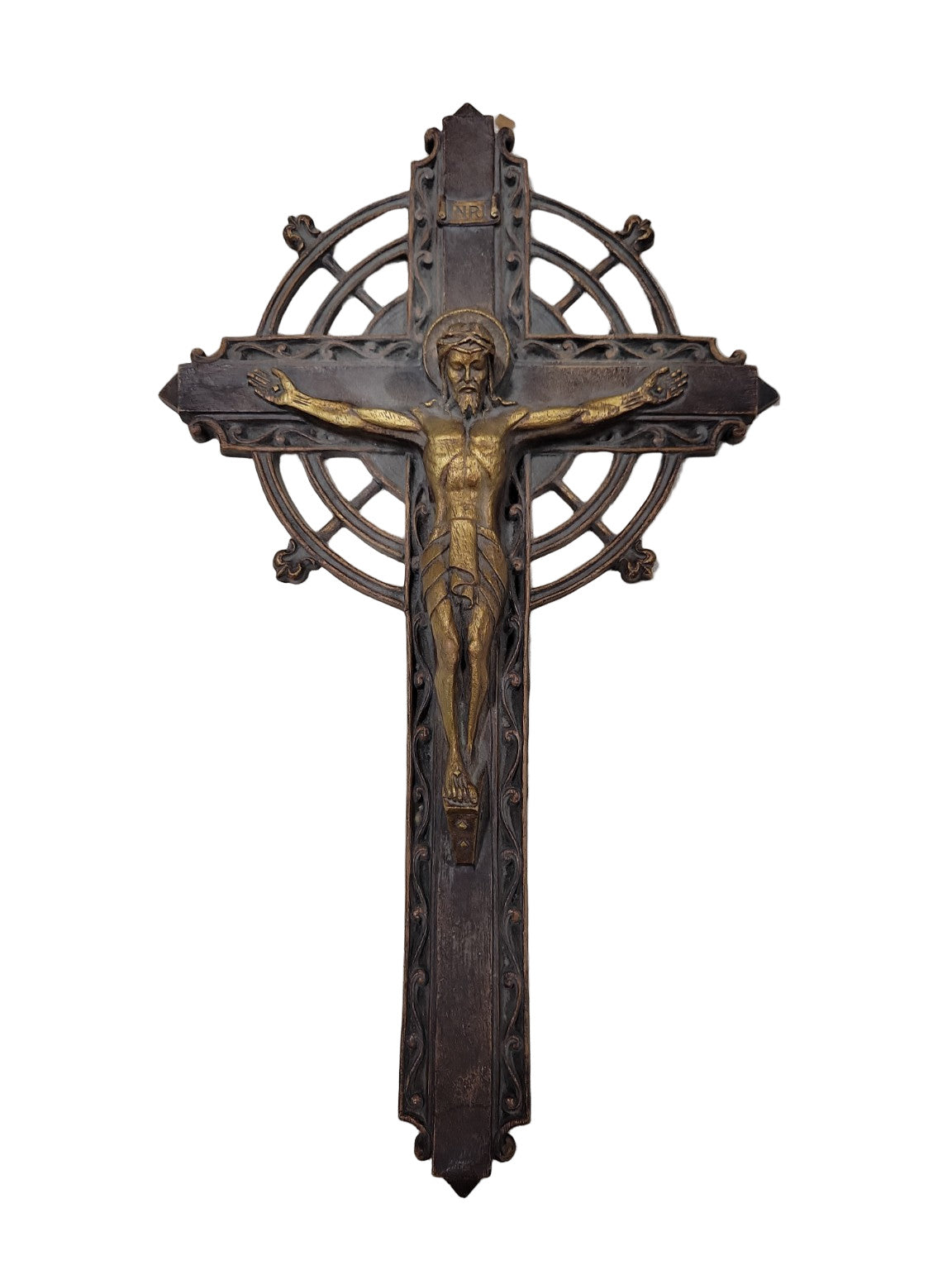 Vintage Wall-Mount Crucifix – Cast Iron with Brass-Tone Jesus