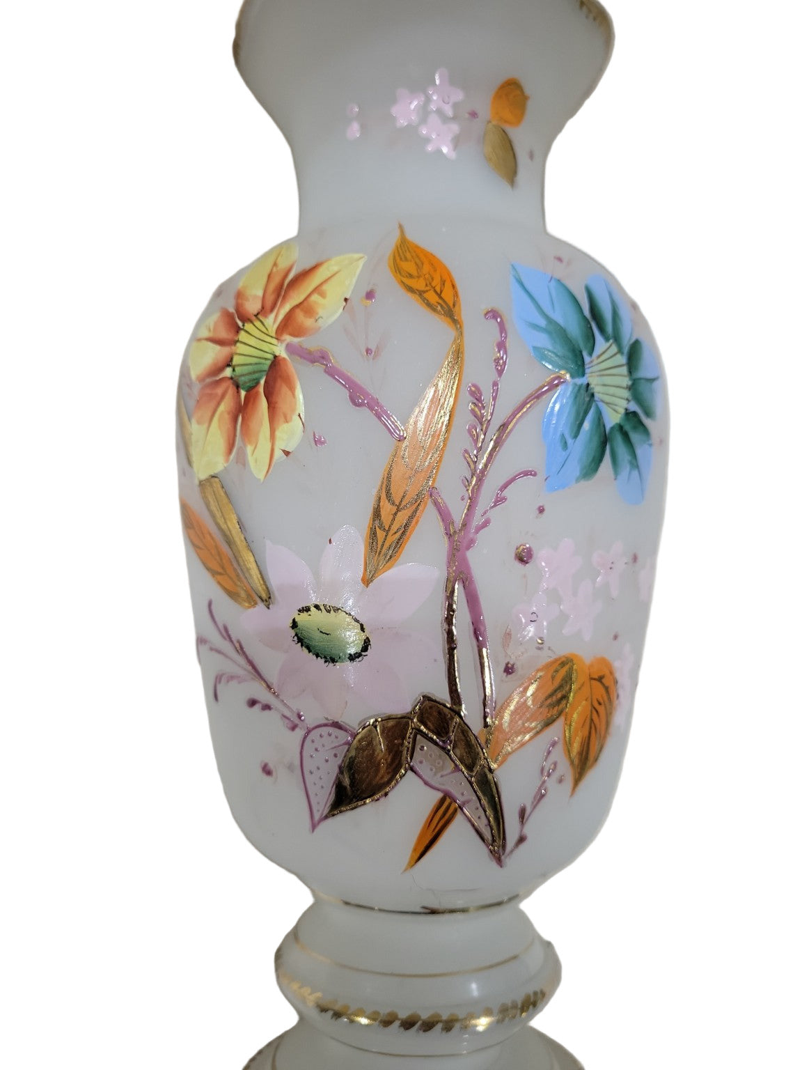 Vintage White Milk Glass Vase with Hand-Painted Floral Design