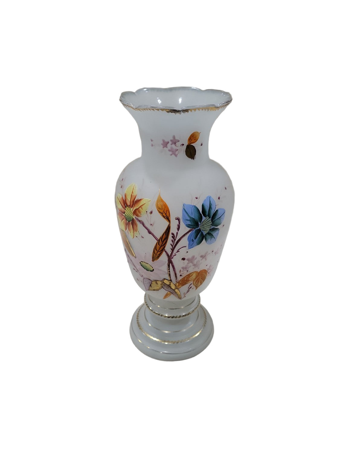 Vintage White Milk Glass Vase with Hand-Painted Floral Design