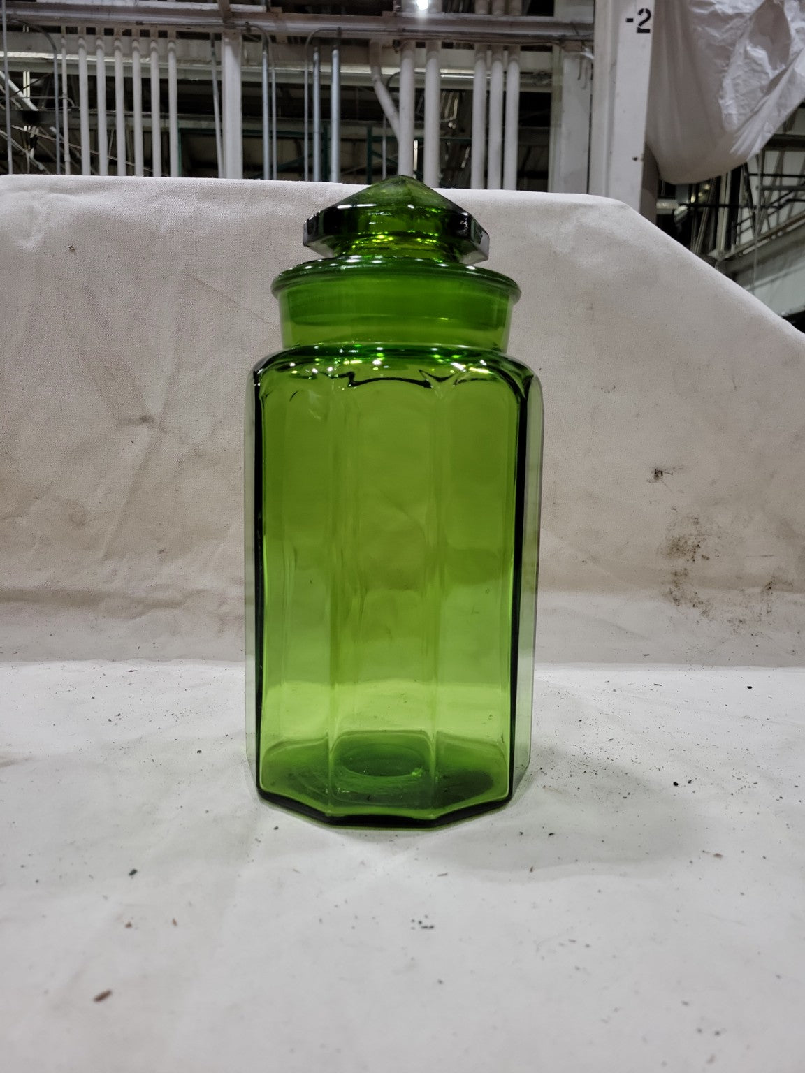Vintage Green Depression Glass Canister Jar – Octagonal with Lid