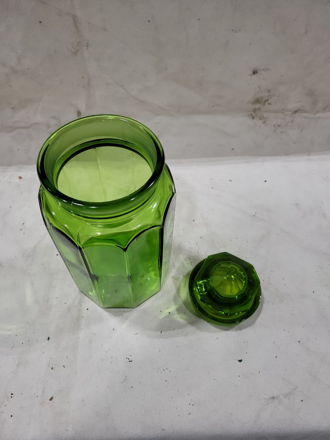 Vintage Green Depression Glass Canister Jar – Octagonal with Lid