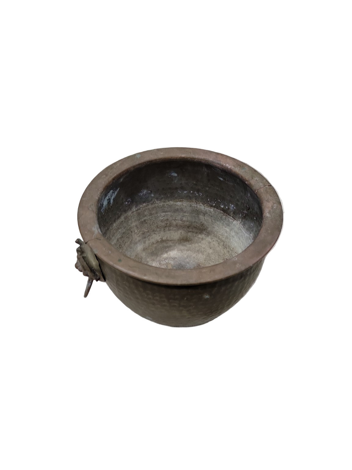 Antique Hammered Brass Jardinière  Cachepot with Lion Head Handles