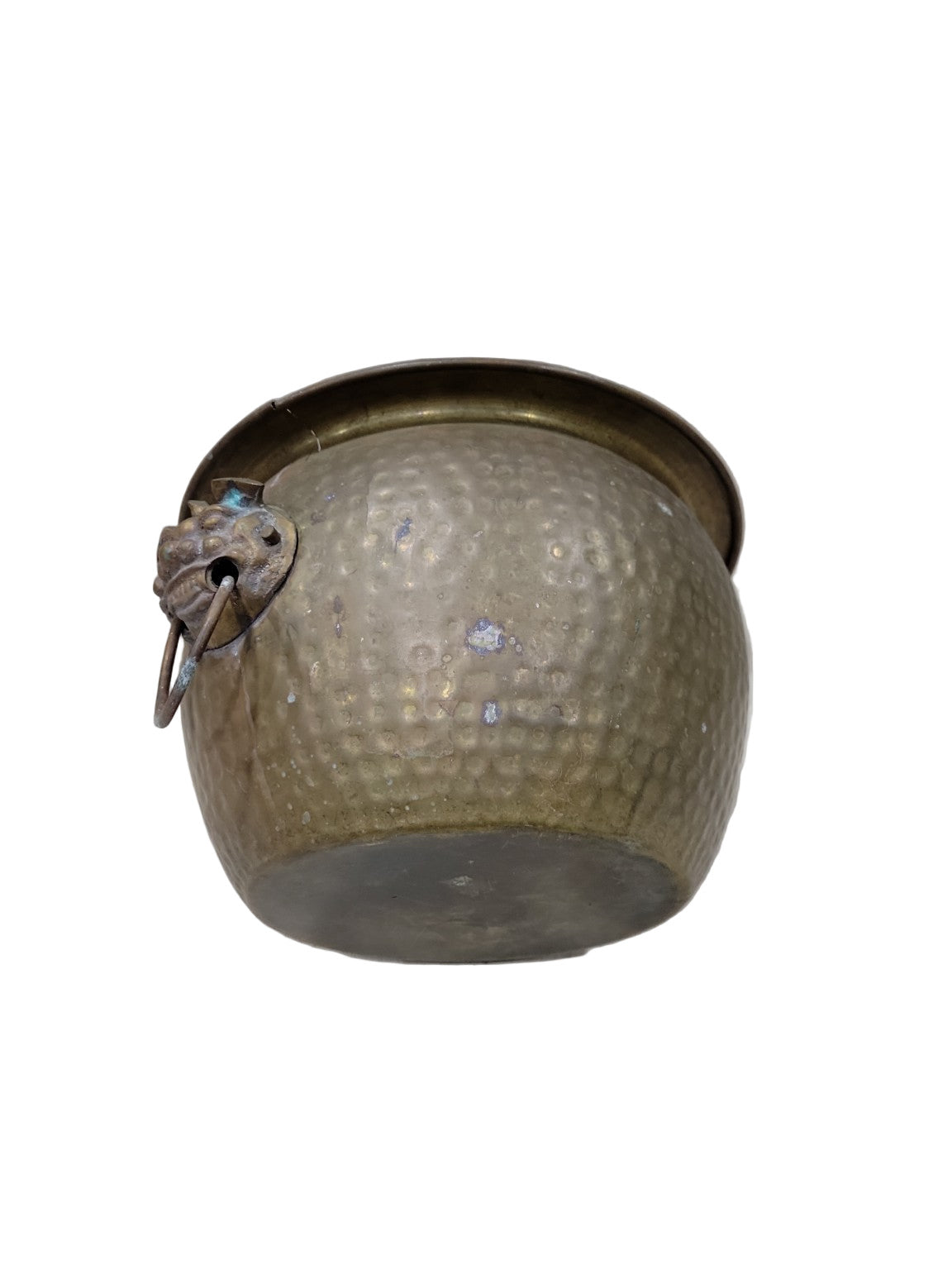 Antique Hammered Brass Jardinière  Cachepot with Lion Head Handles