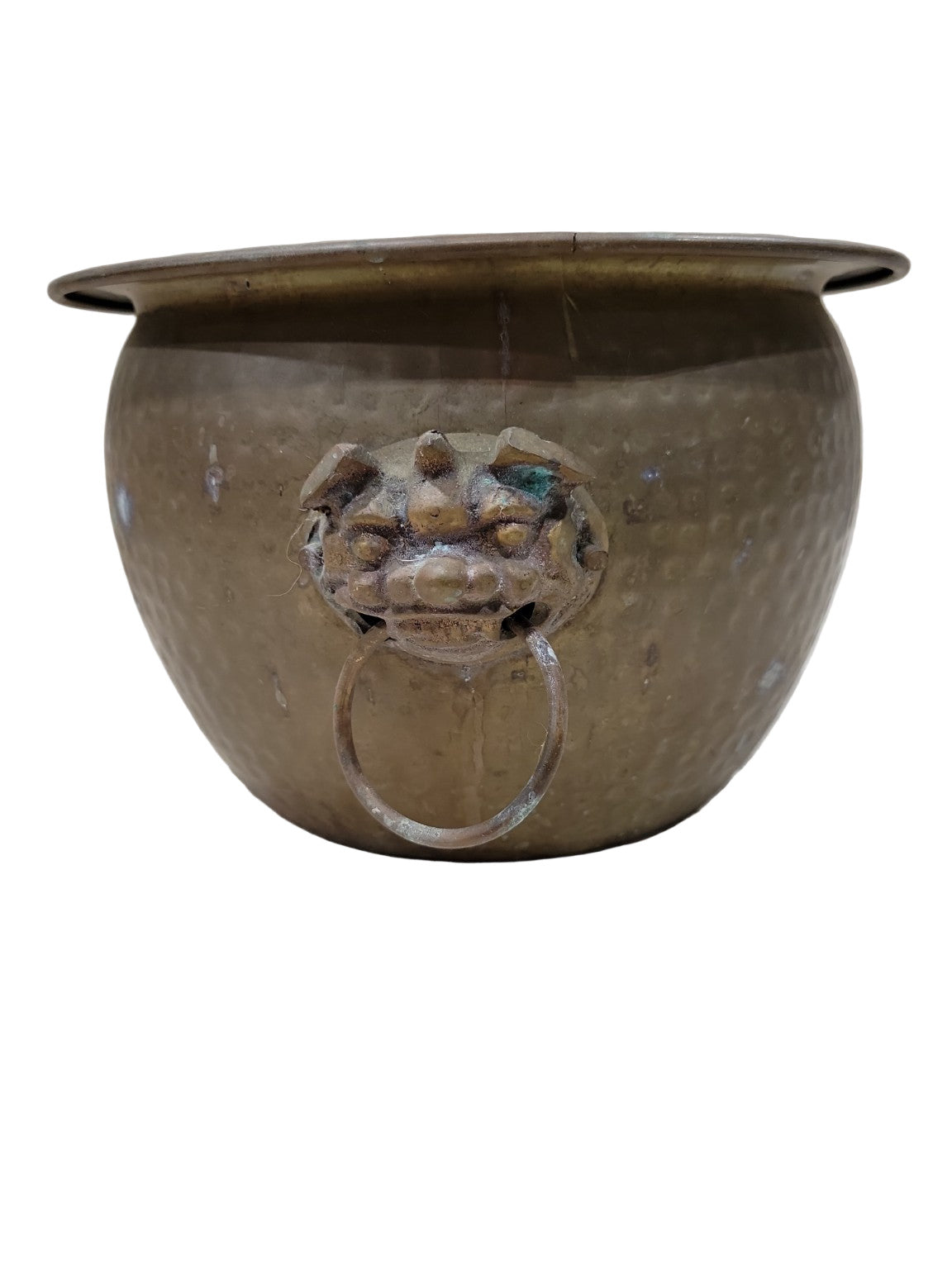Antique Hammered Brass Jardinière  Cachepot with Lion Head Handles