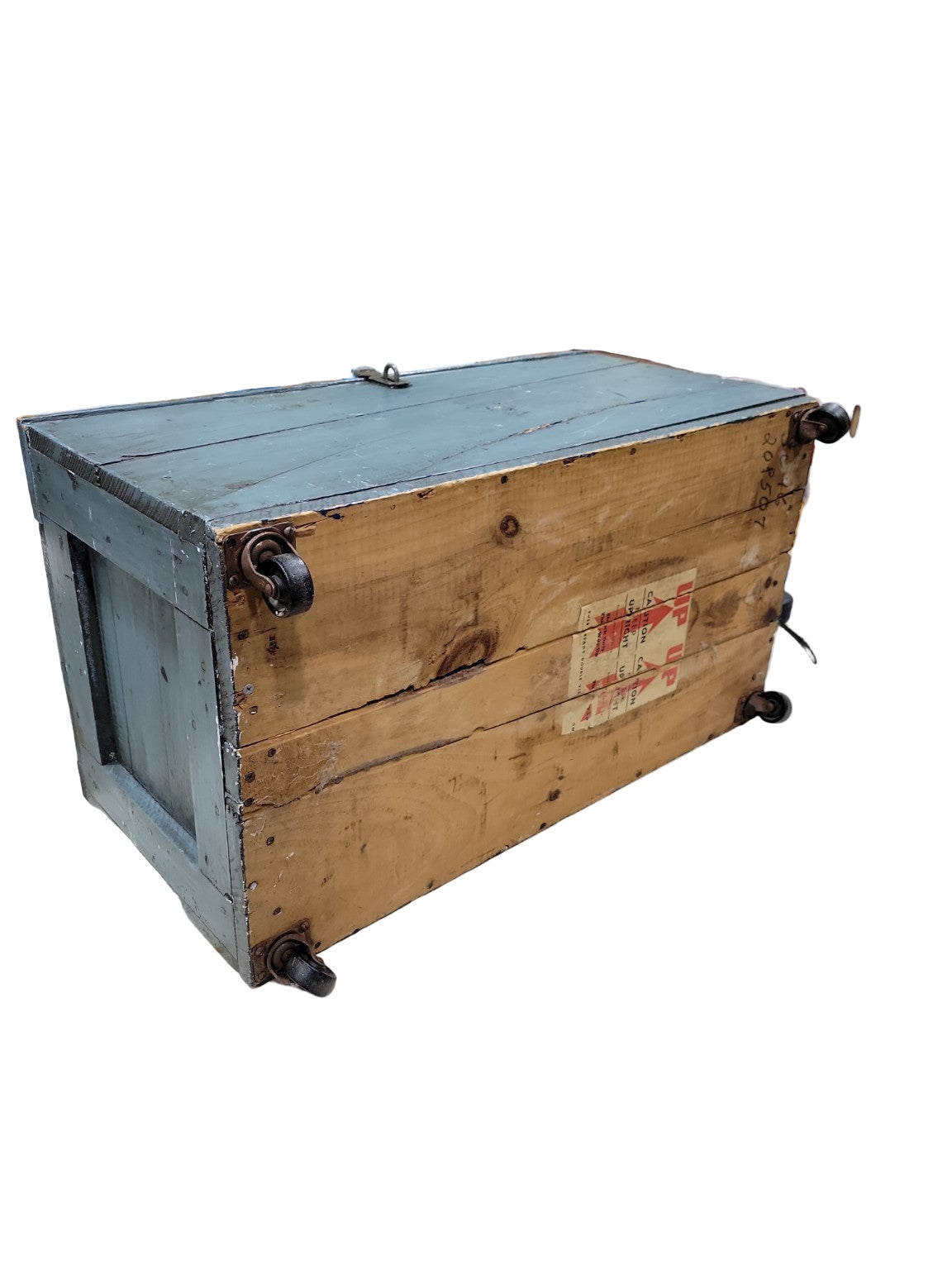 Antique Blue Painted Shipping Trunk on Casters – Reclaimed Industrial Storage Chest