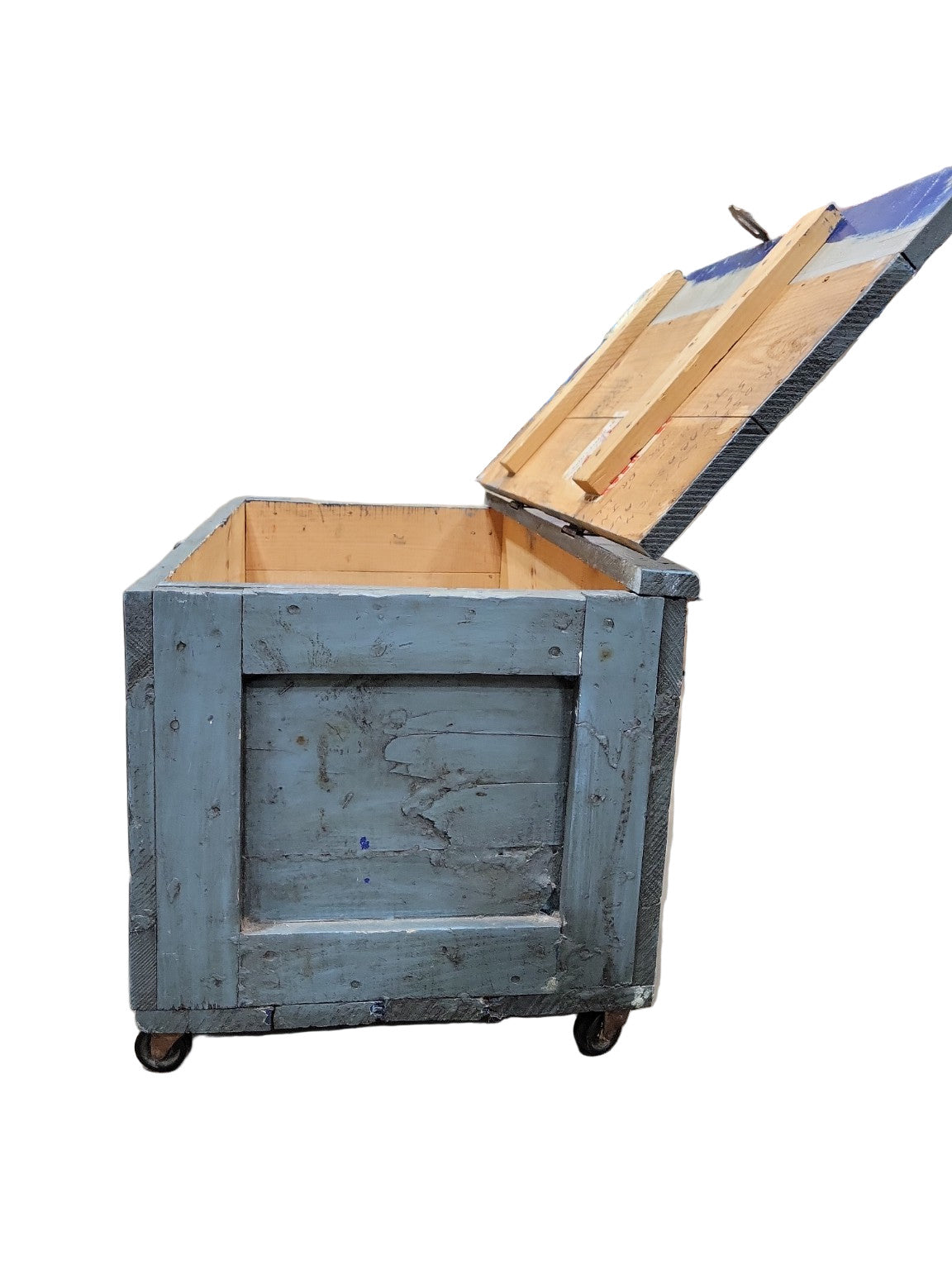 Antique Blue Painted Shipping Trunk on Casters – Reclaimed Industrial Storage Chest
