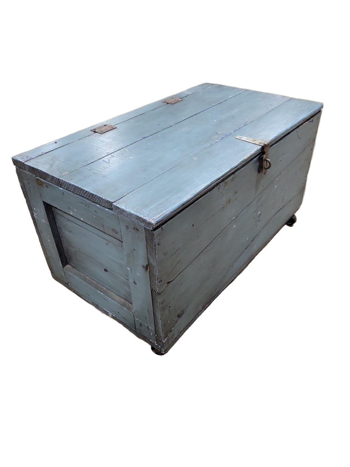 Antique Blue Painted Shipping Trunk on Casters – Reclaimed Industrial Storage Chest