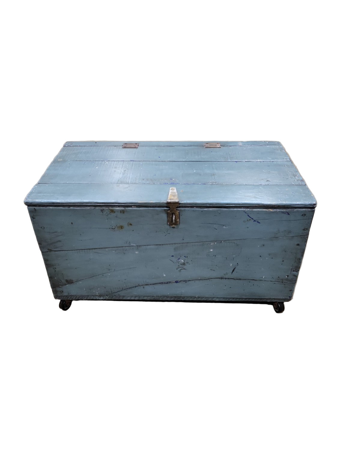 Antique Blue Painted Shipping Trunk on Casters – Reclaimed Industrial Storage Chest