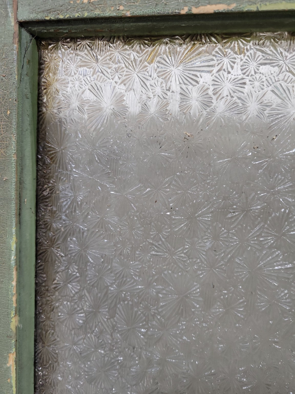 Antique Textured Privacy Glass Window with Green Frame – 2-Lite Pane