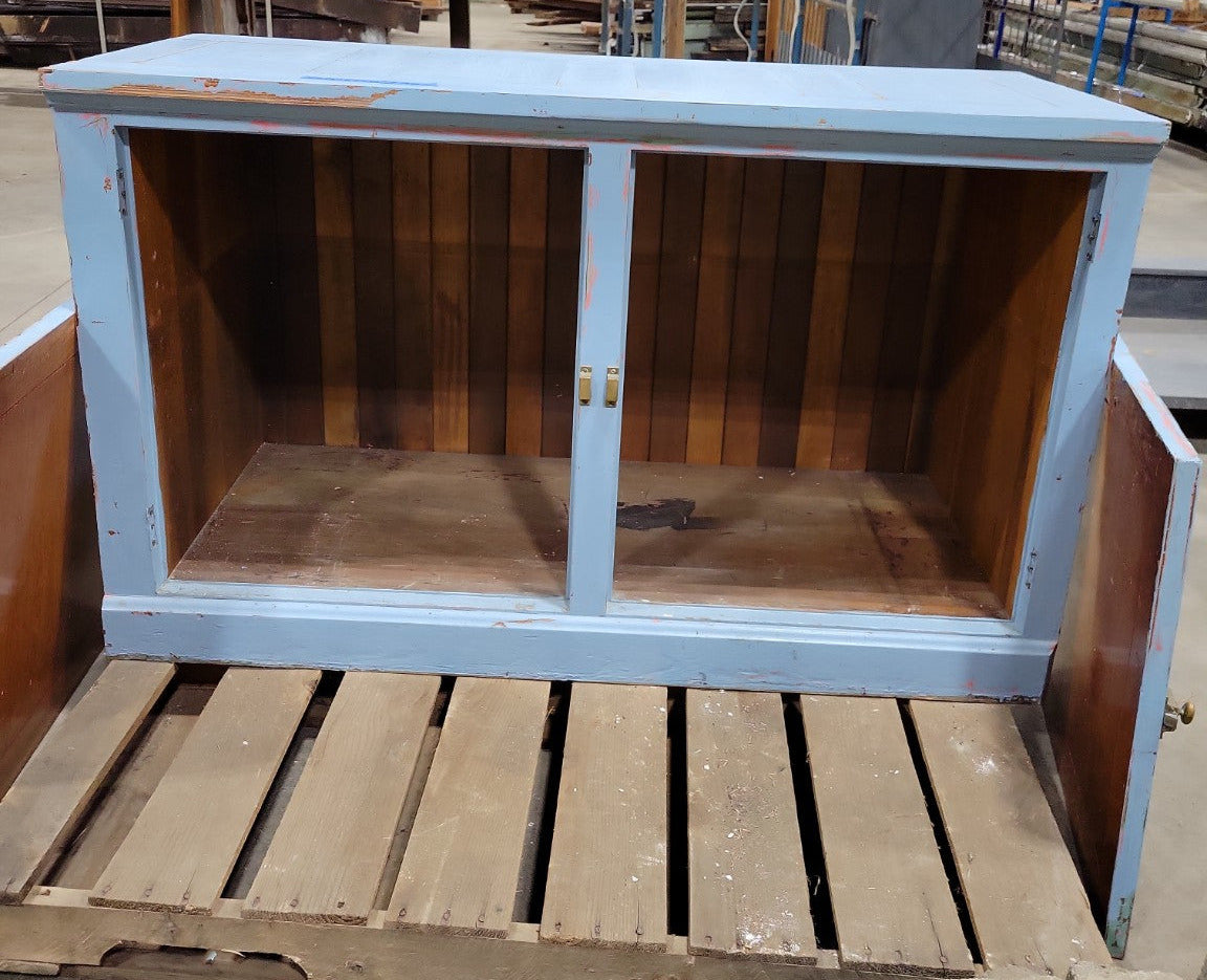 Rustic Blue Painted Storage Cabinet – Paneled Doors with Brass Latches