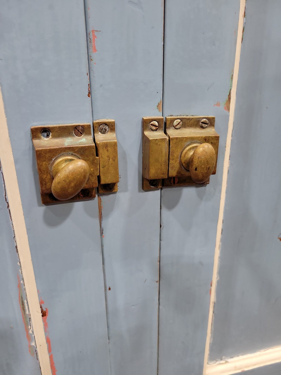 Rustic Blue Painted Storage Cabinet – Paneled Doors with Brass Latches