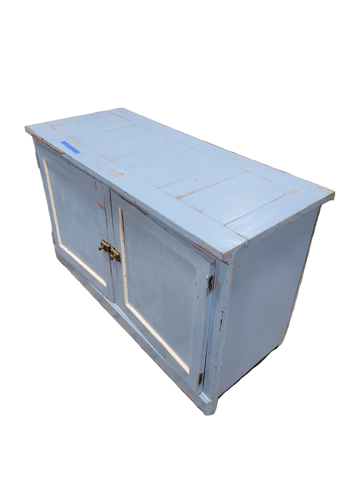 Rustic Blue Painted Storage Cabinet – Paneled Doors with Brass Latches