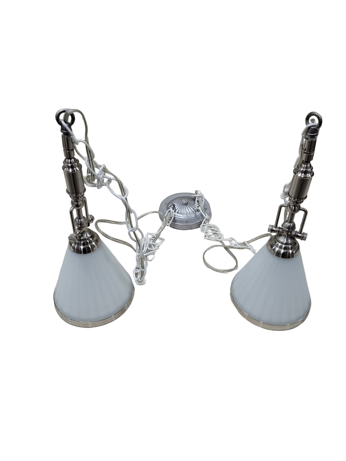 Contemporary Brushed Nickel Dual Pendant Light – Frosted Cone Shades