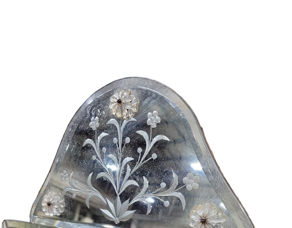 Art Deco Venetian Etched Glass Wall Mirror – Floral Crest Top