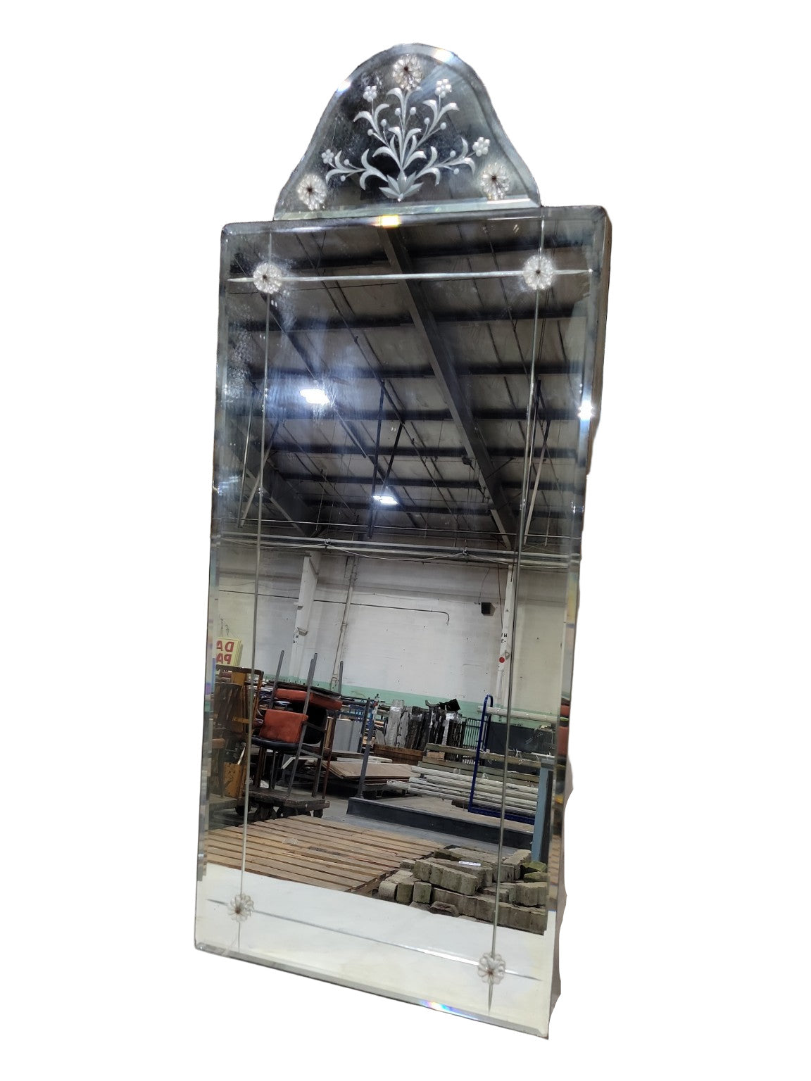 Art Deco Venetian Etched Glass Wall Mirror – Floral Crest Top