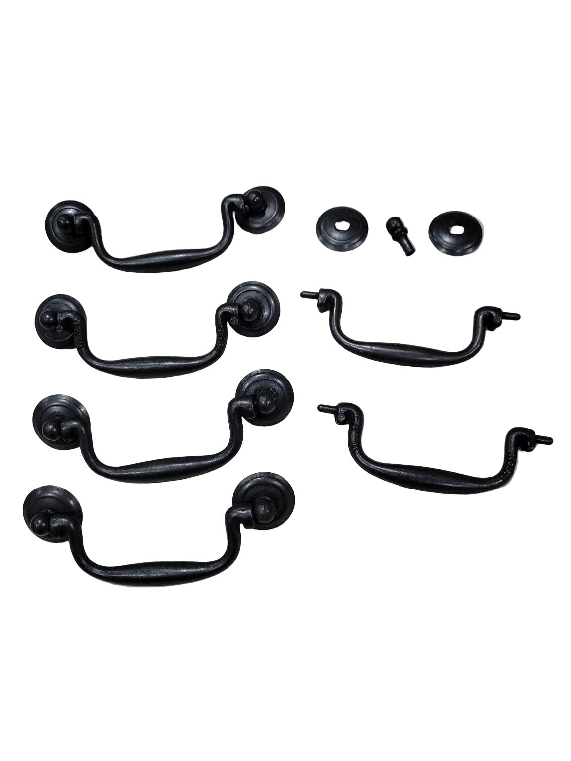 Set of Six Vintage Black Drawer Pulls (4 Complete, 2 Incomplete) – 4 1/2" x 2" x 3/4"