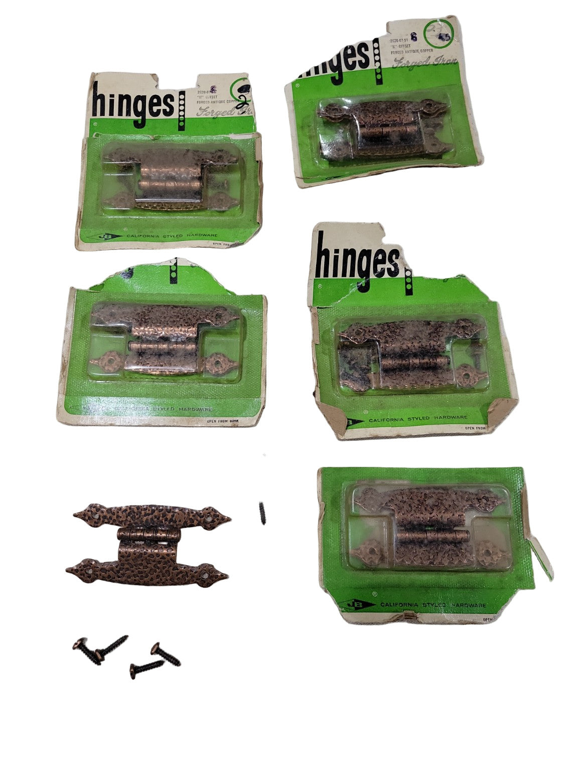 Set of Six Vintage Hammered Copper-Finish Cabinet Hinges – 2 1/2" x 1 3/4" x 1/2"