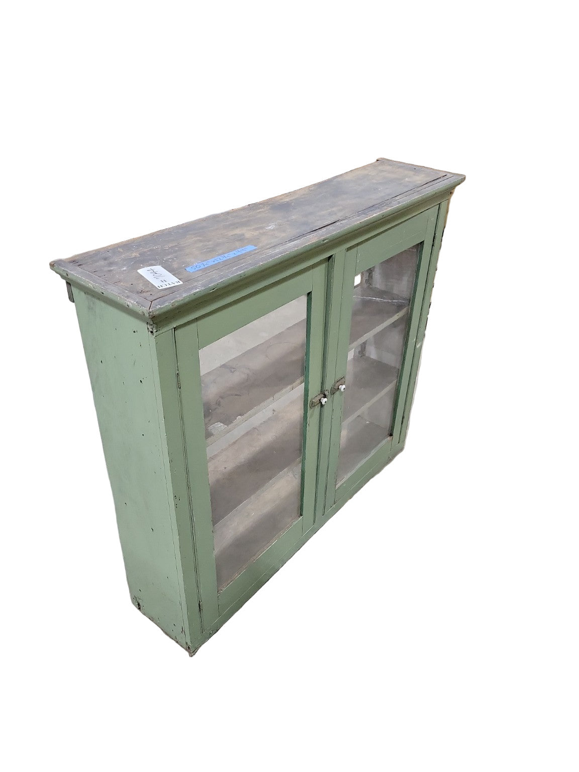 Antique Green Painted Glass-Front Display Cabinet – Adjustable Shelves – 50 ¼" W x 44" T x 12 ¾" D (As-Is for Rebuild)