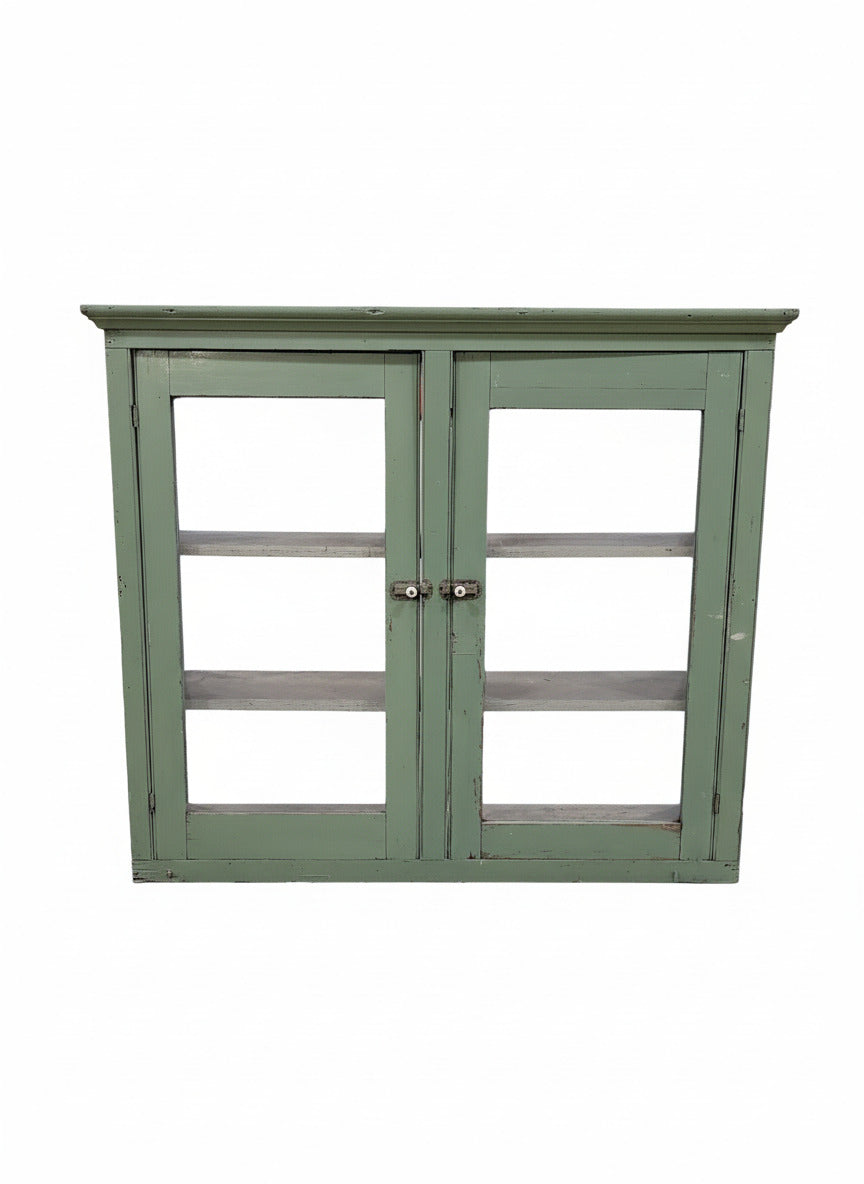 Antique Green Painted Glass-Front Display Cabinet – Adjustable Shelves – 50 ¼" W x 44" T x 12 ¾" D (As-Is for Rebuild)