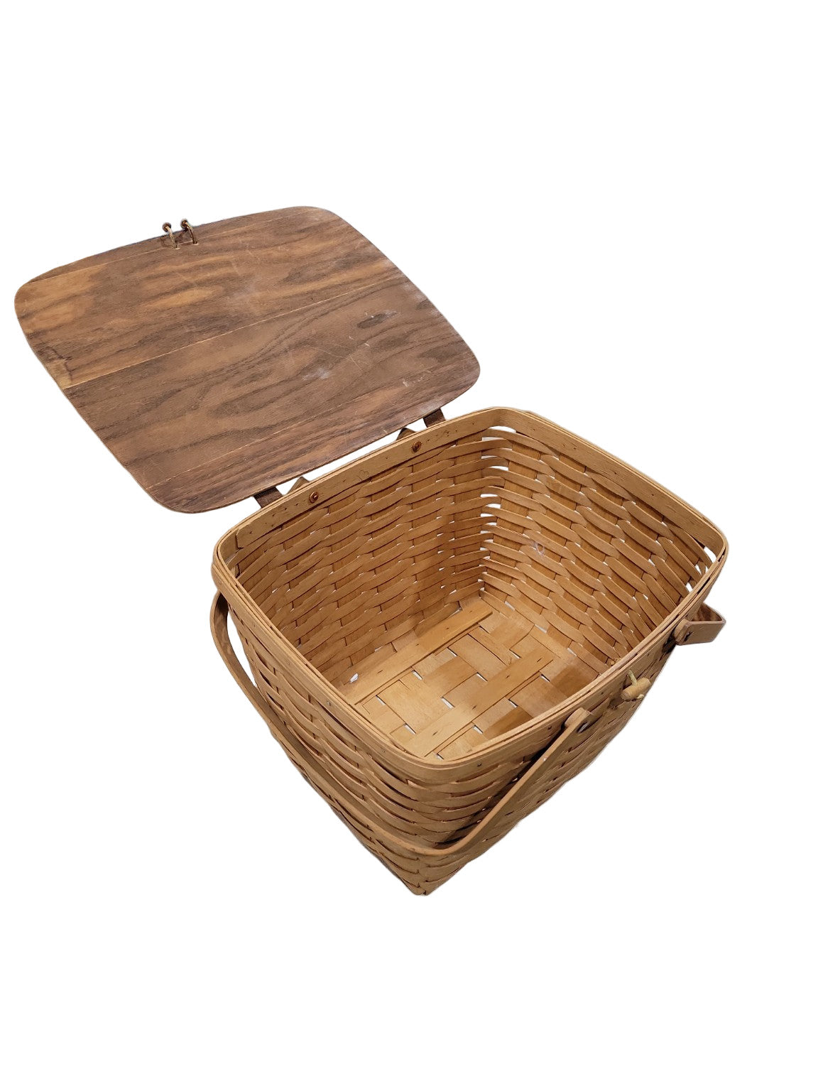 Vintage Woven Wood Picnic Basket with Hinged Lid and Dual Handles