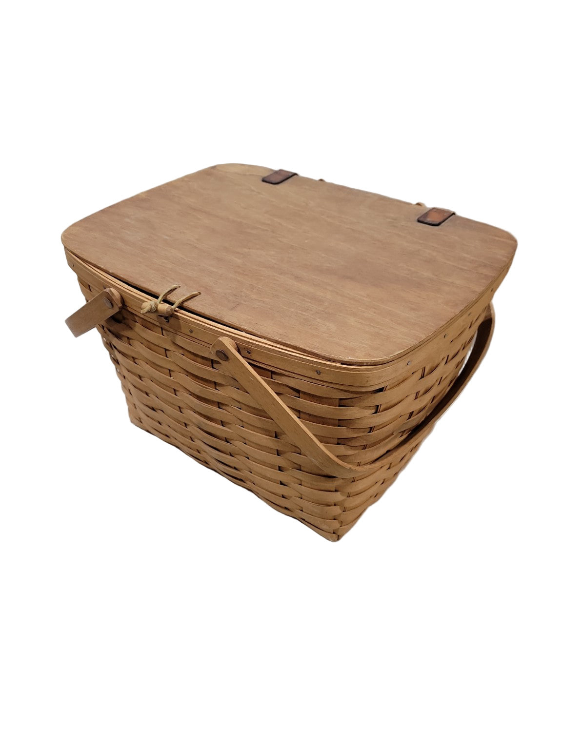 Vintage Woven Wood Picnic Basket with Hinged Lid and Dual Handles