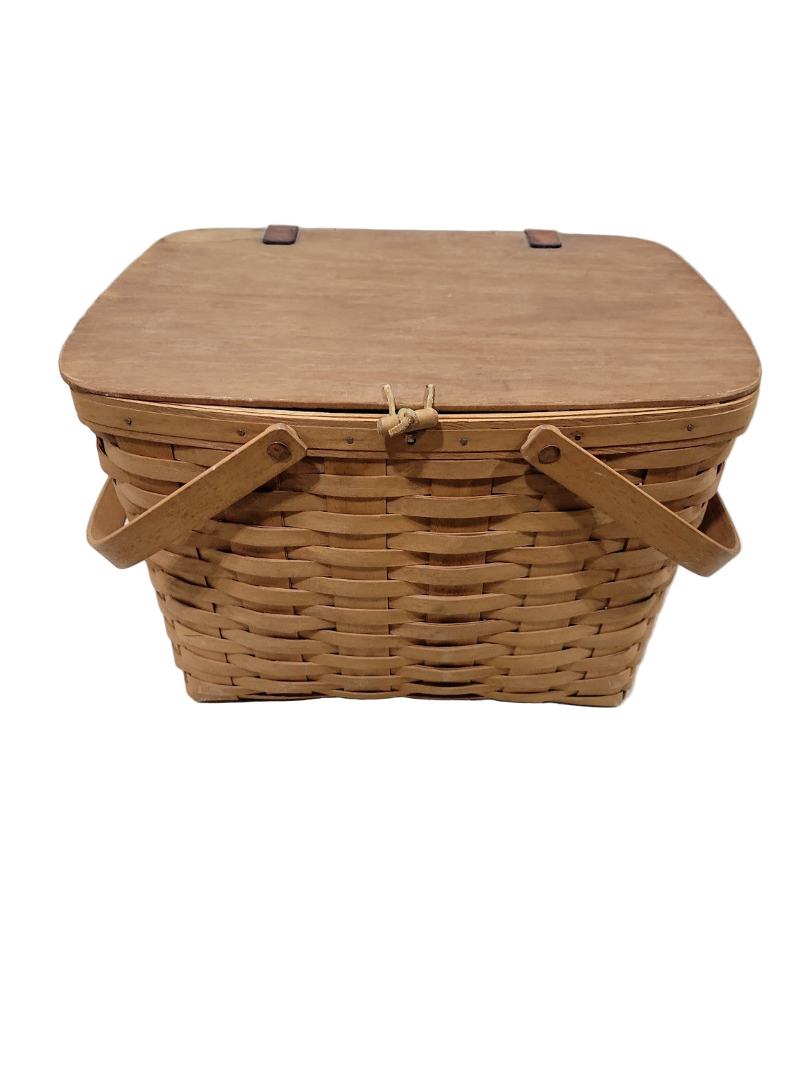 Vintage Woven Wood Picnic Basket with Hinged Lid and Dual Handles